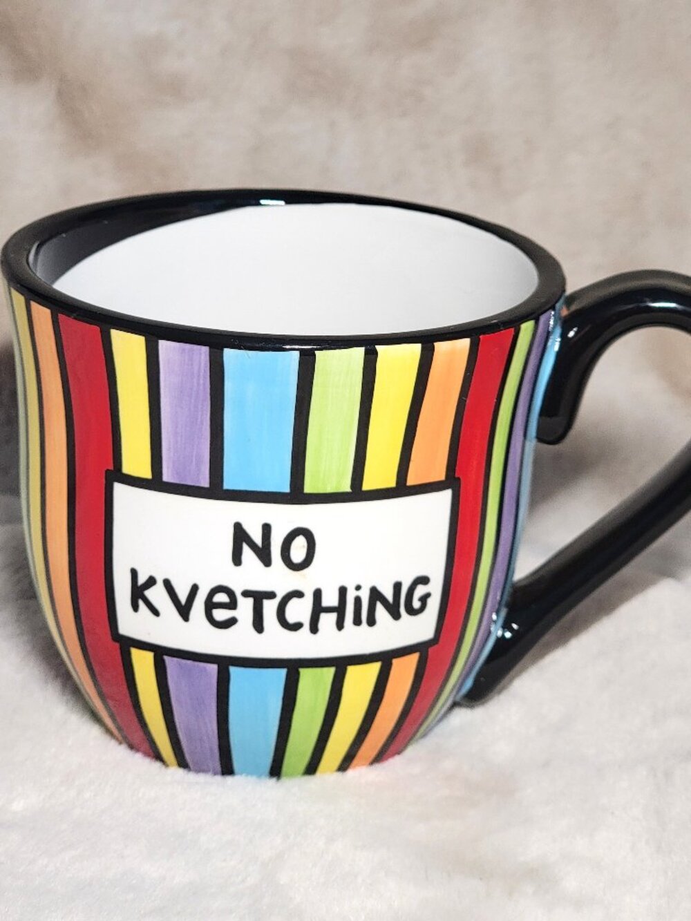 LORRIE VEASEY, OUR NAME IS MUD, NO KVETCHING COFFEE MUG tea cup YIDDISH JEWISH